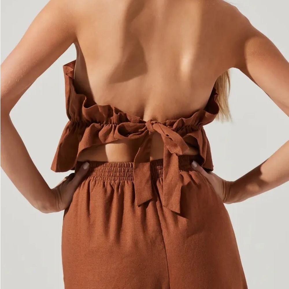 Ruffle Bodice Tie Back Strapless Cotton & Linen Jumpsuit - Picture 3 of 7